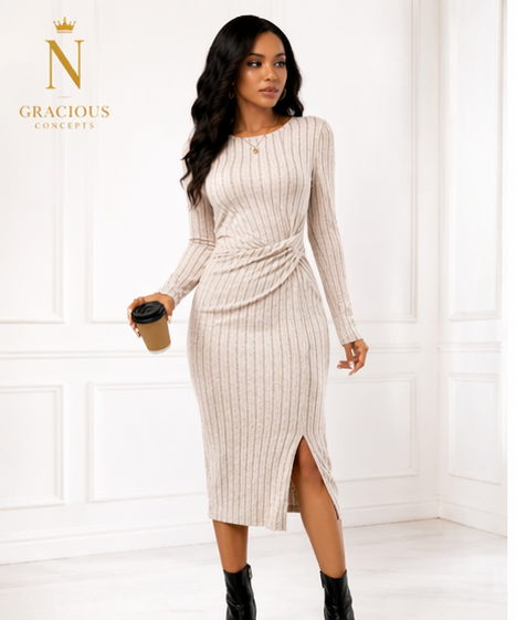Ribbed Elegance Midi Dress – Nude Beige