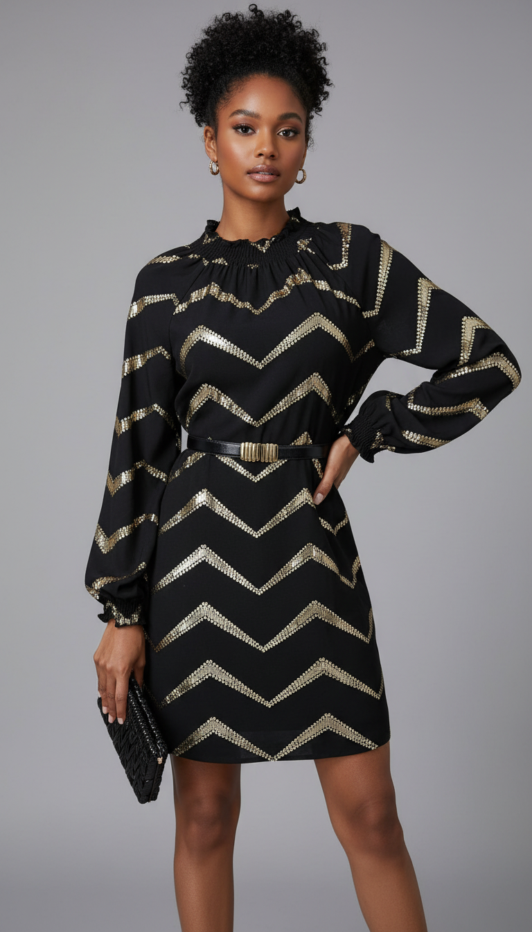 Midnight Luxe Chevron Shift Dress