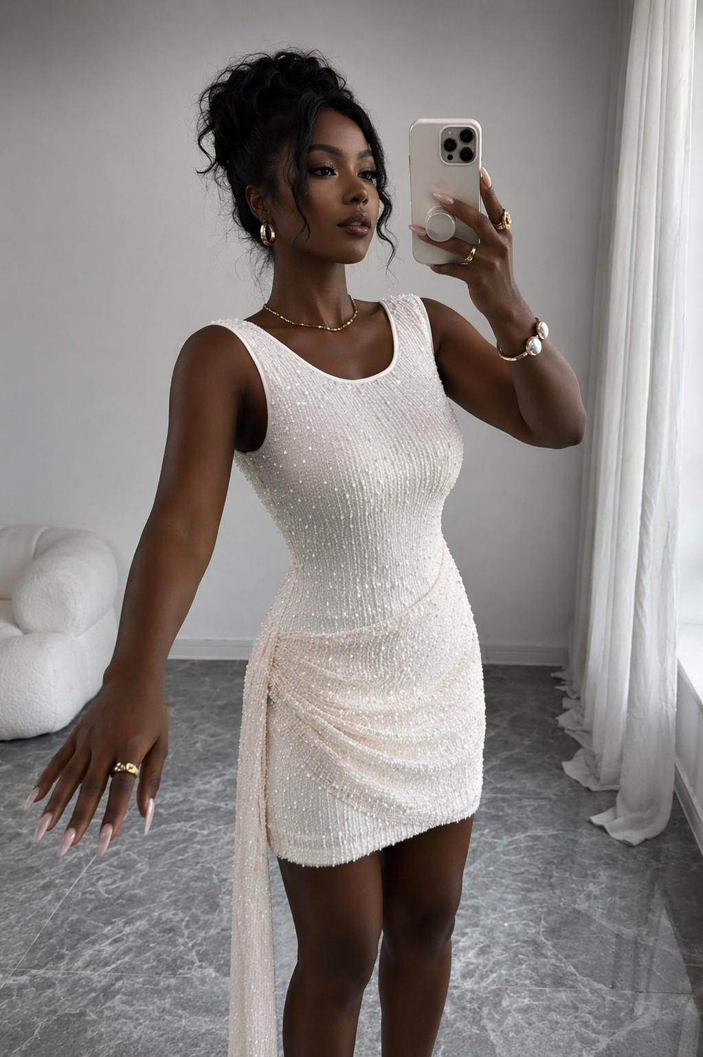 Ivory Luxe Draped Mini Dress
