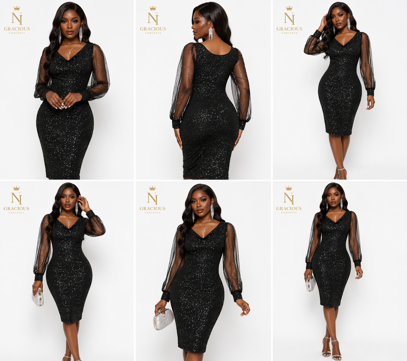 Black Luxe Sparkle Mesh Sleeve Dress