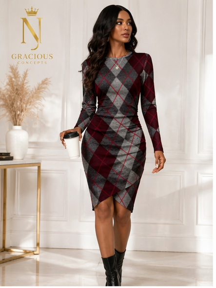 Crimson Check Bodycon Dress – Wine & Grey