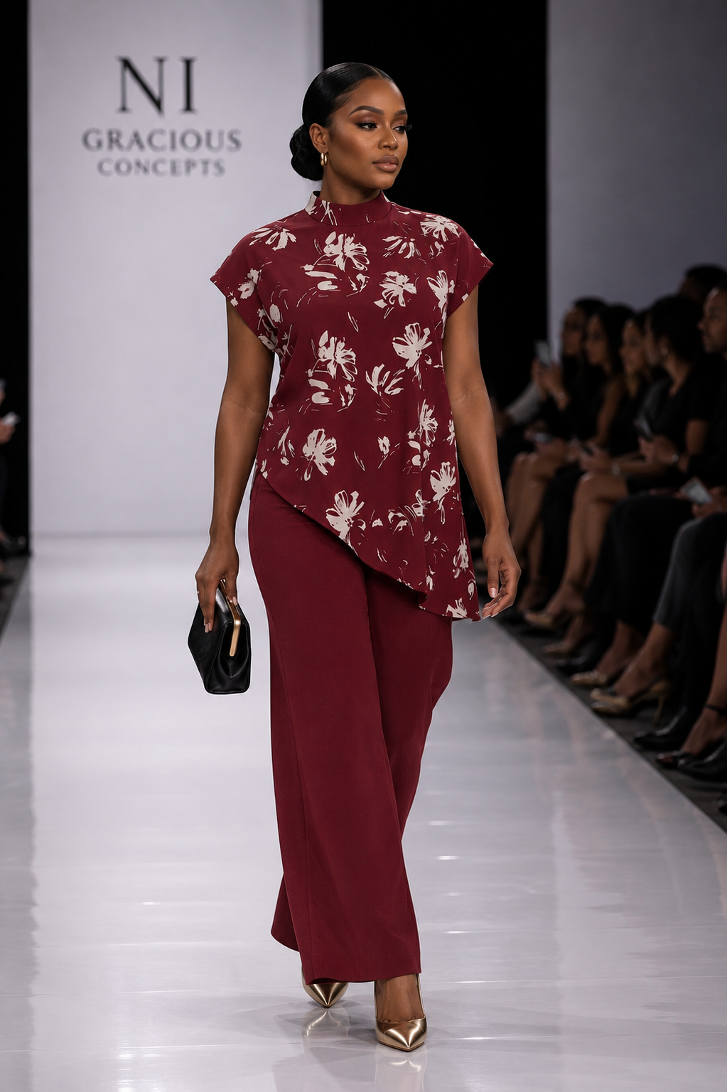 Burgundy Floral Two-Piece Wide Leg Pants Set