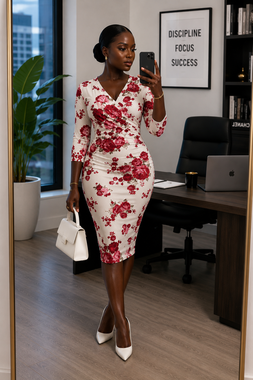 White & Red Floral Wrap Bodycon Midi Dress