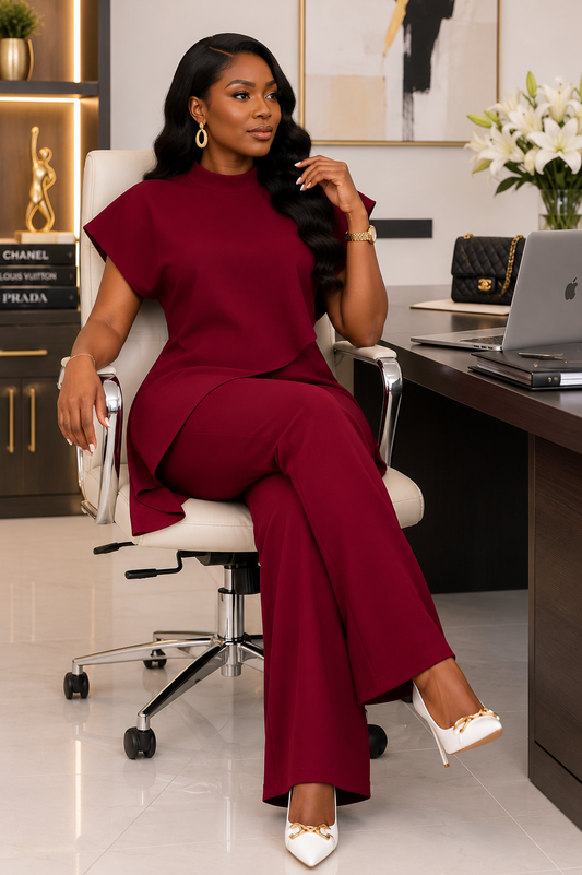 Burgundy Two-Piece Wide Leg Pants Set