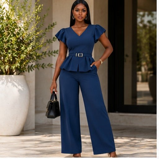 Victoria Navy Peplum Wide-Leg two piece