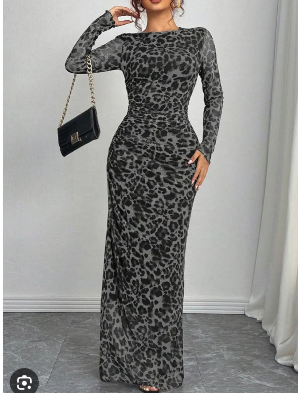 Leopard Print Long Sleeve Bodycon Maxi Dress