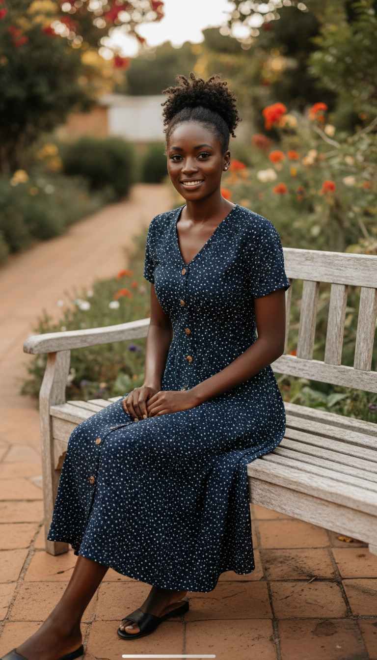 Navy Button-Front Midi Dress