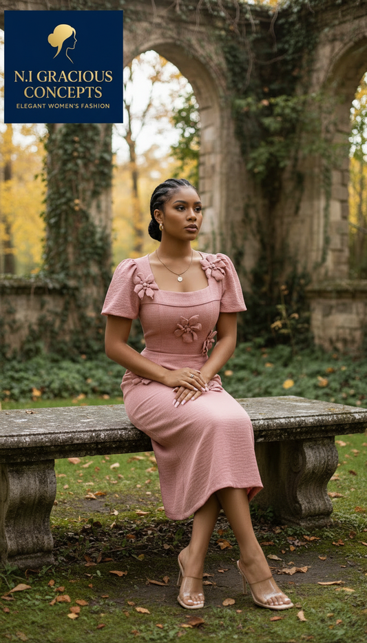 Rose Textured Floral Appliqué Midi Dress