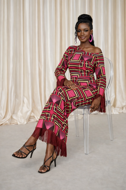 African Print Asymmetrical Fringe Maxi Dres