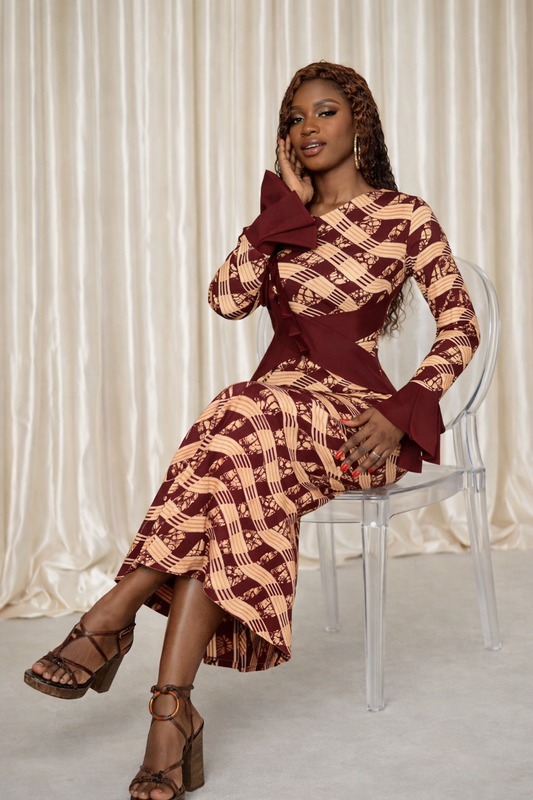 Burgundy African Print Contrast Cuff Midi Dress