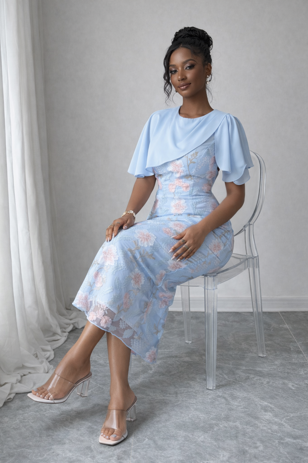 Powder Blue Floral Overlay Midi Dress