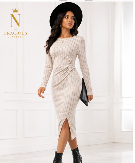 Ribbed Elegance Midi Dress – Nude Beige