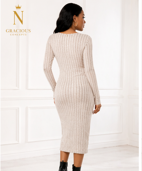 Ribbed Elegance Midi Dress – Nude Beige