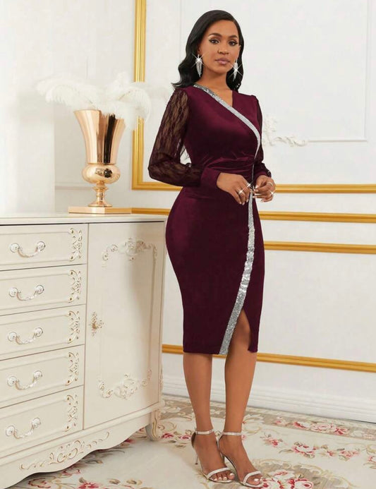Burgundy Elegance Sequin Midi Dress