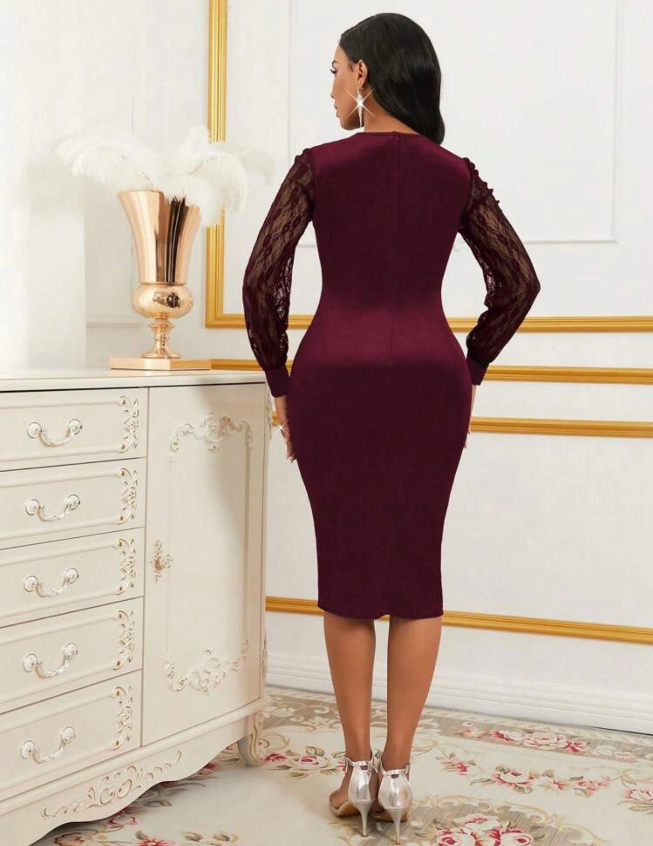 Burgundy Elegance Sequin Midi Dress