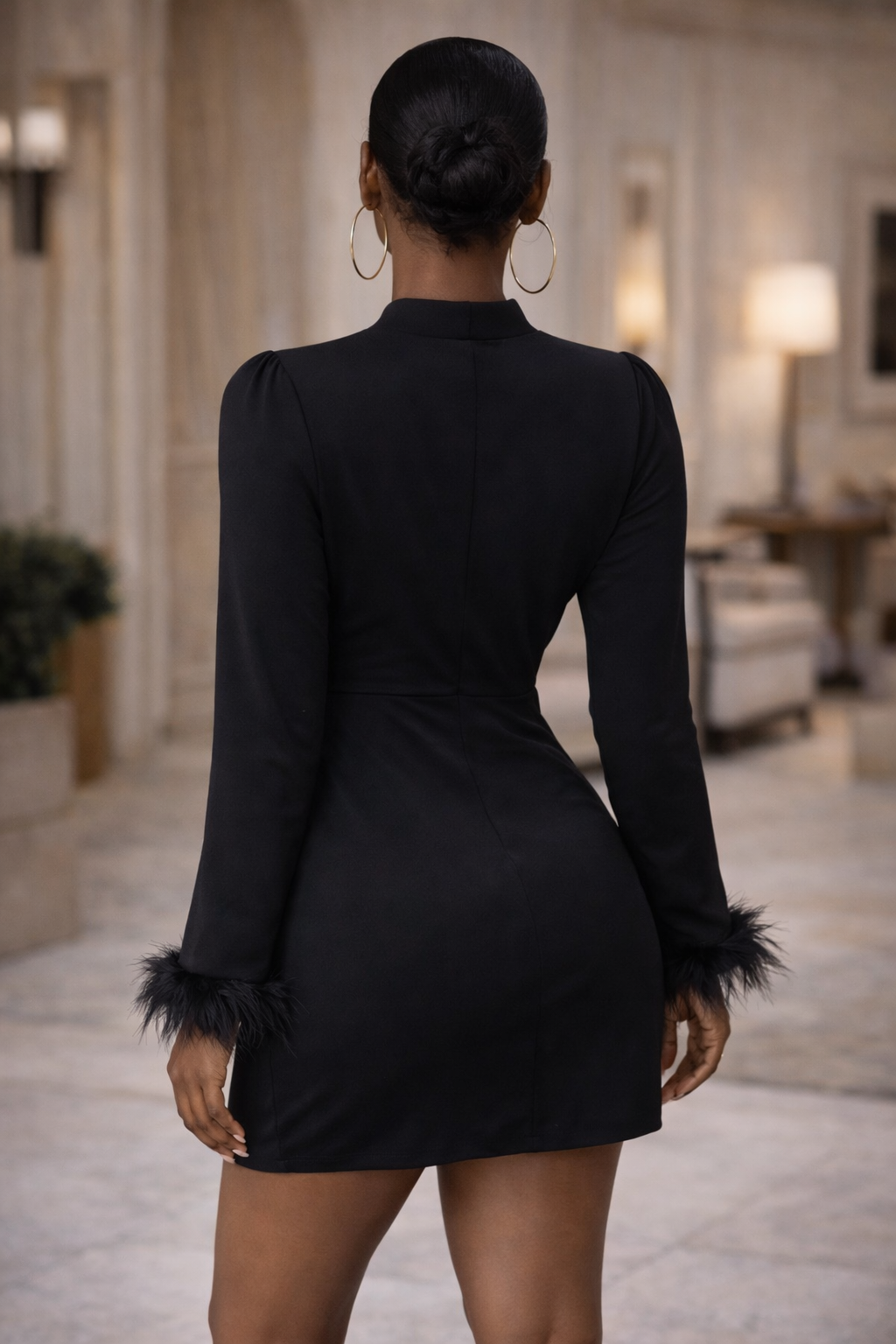 Noir Feather-Cuff Mini Dress