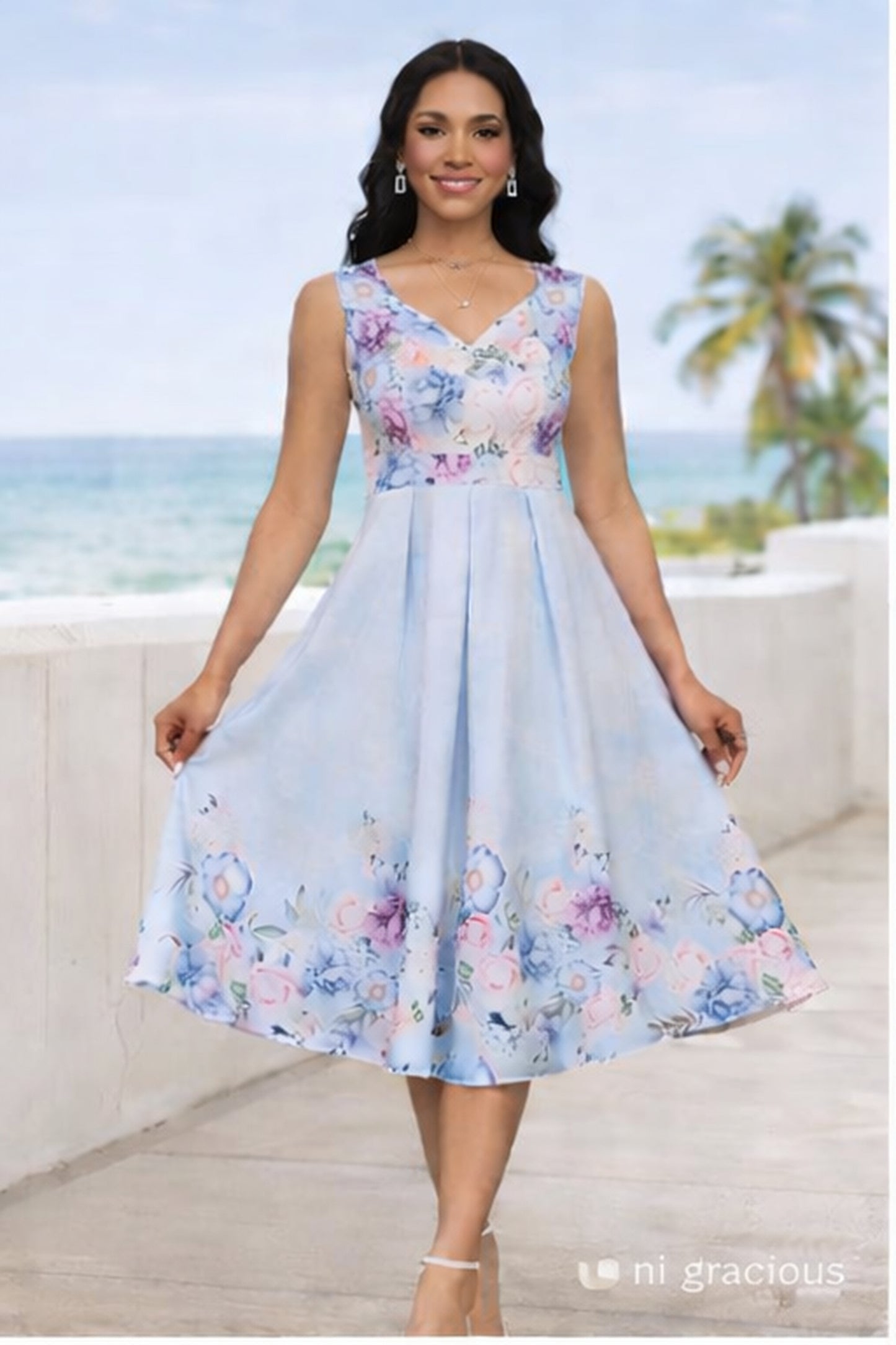 Floral Grace Midi Dress – Sky Blue