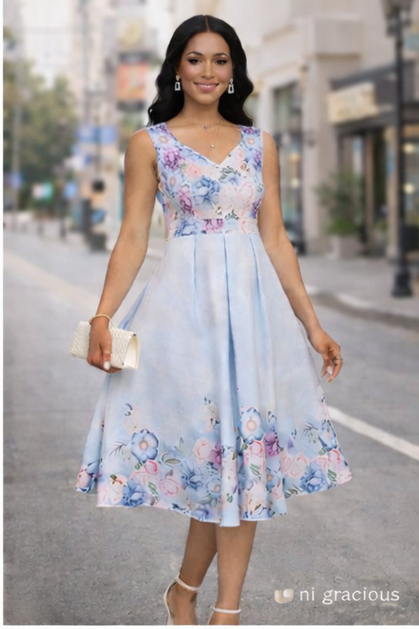 Floral Grace Midi Dress – Sky Blue