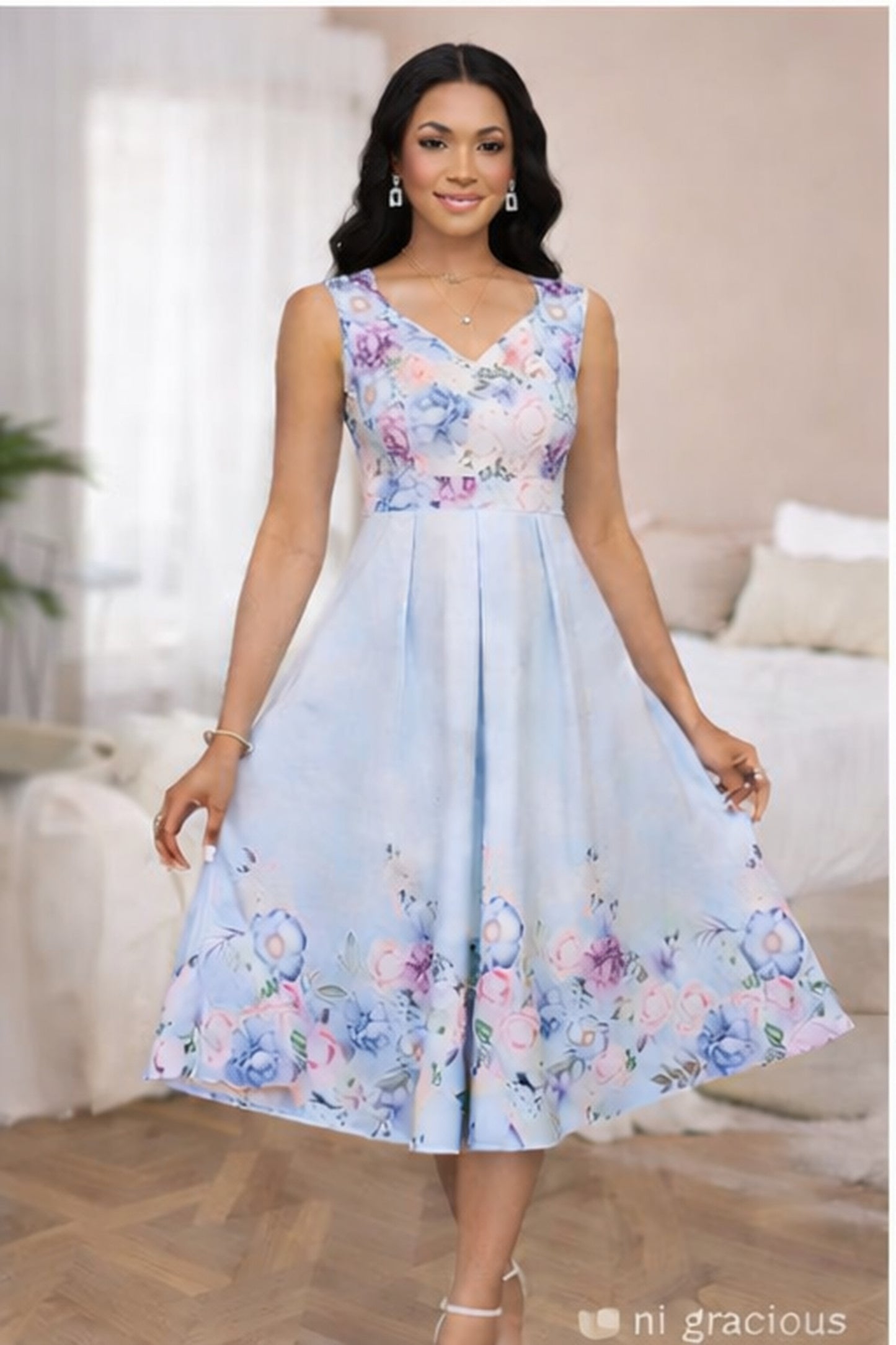 Floral Grace Midi Dress – Sky Blue