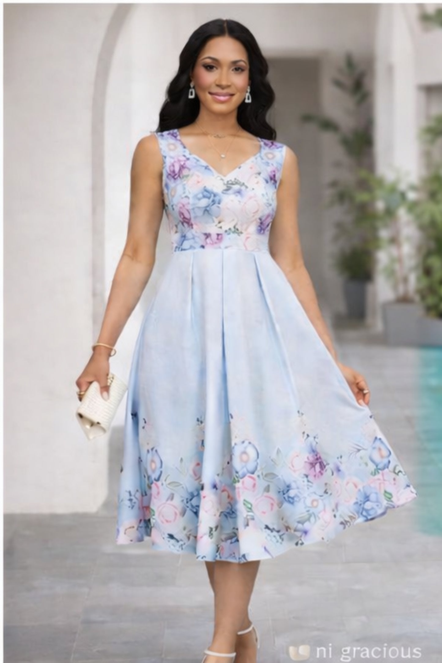 Floral Grace Midi Dress – Sky Blue