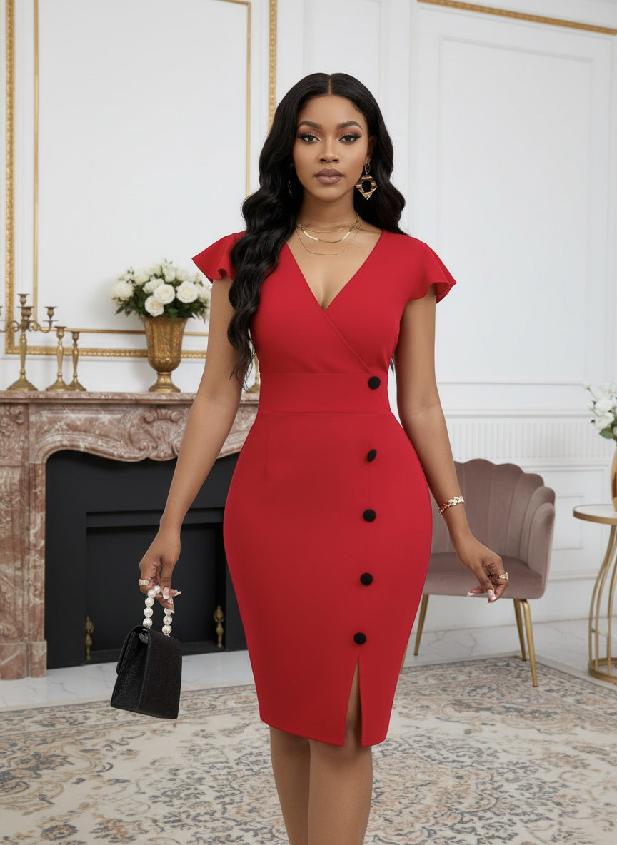 Scarlet Grace Button-Detail Midi Dress