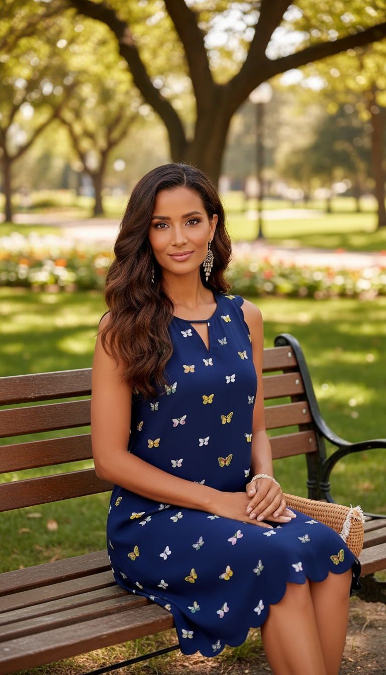 Navy Butterfly Print Scallop Hem Shift Dress