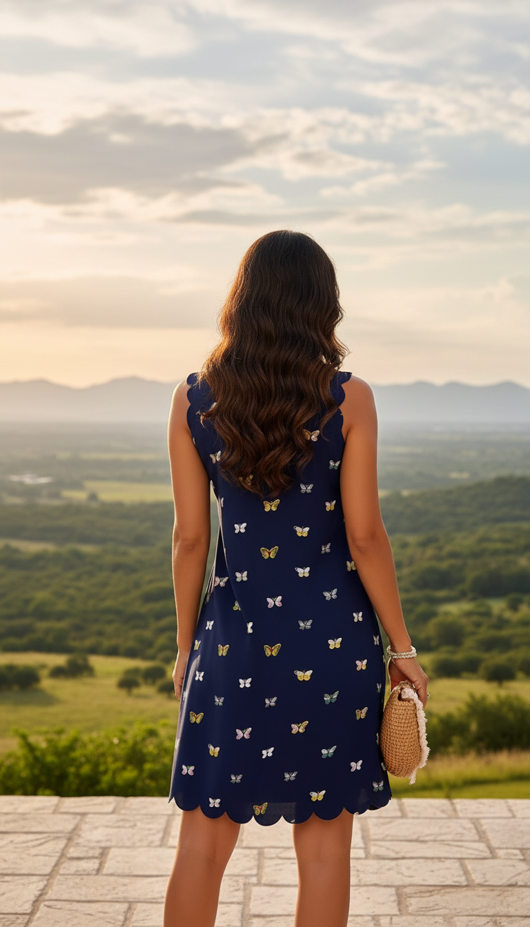 Navy Butterfly Print Scallop Hem Shift Dress