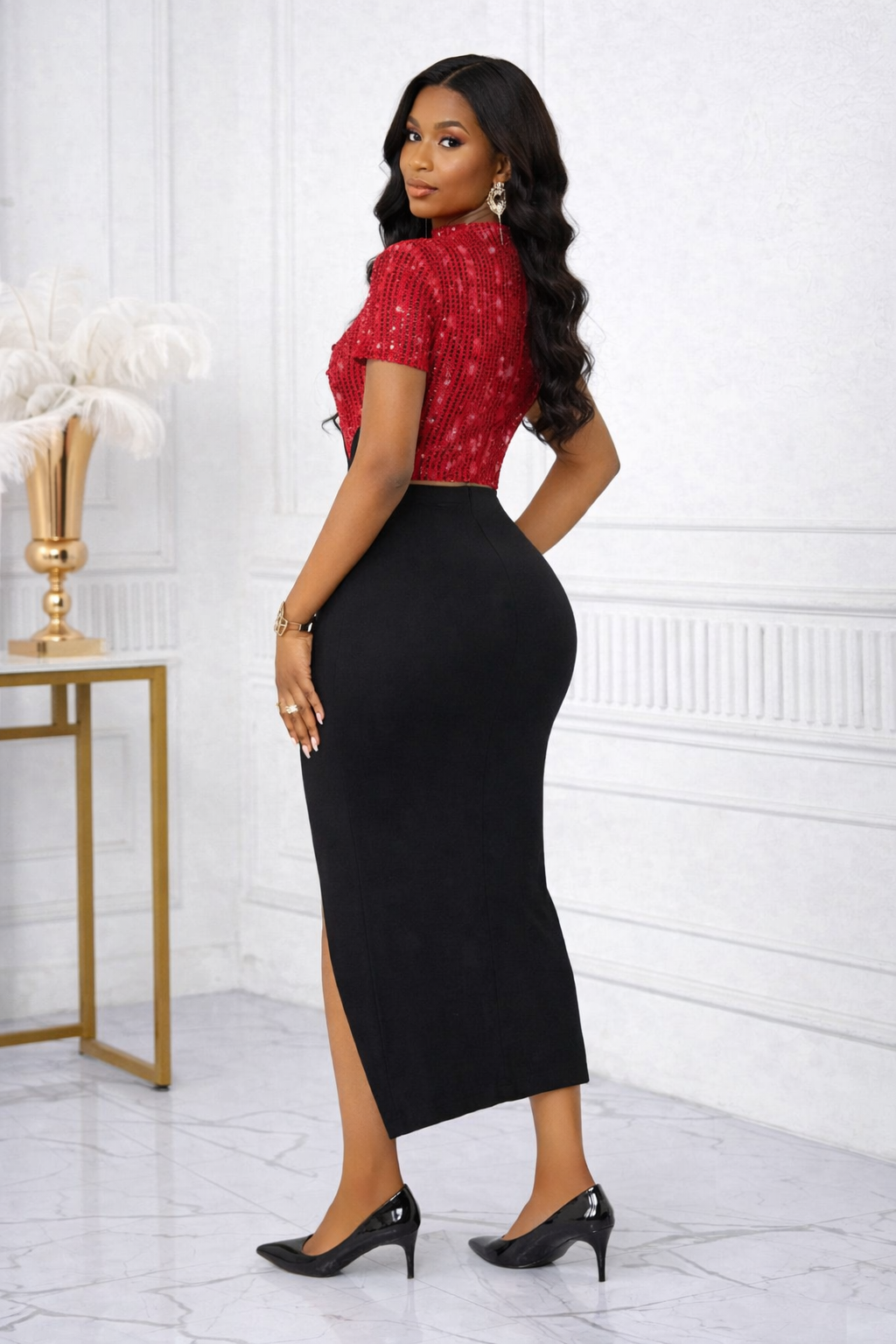 Scarlet Noir Sequin Midi Dress