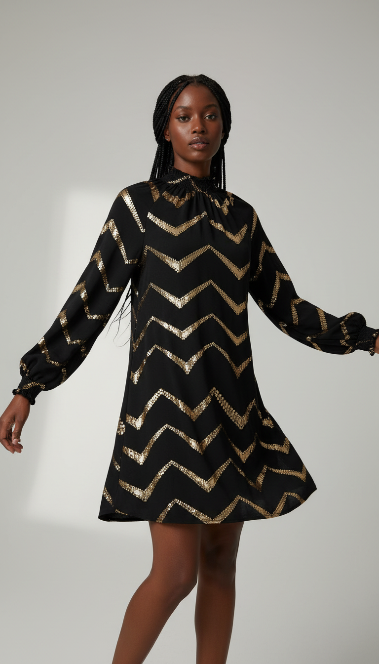 Midnight Luxe Chevron Shift Dress
