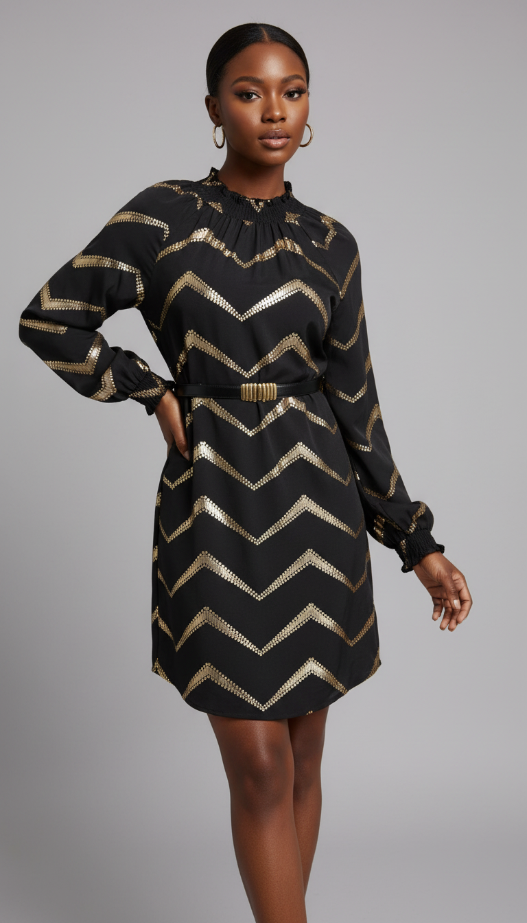 Midnight Luxe Chevron Shift Dress