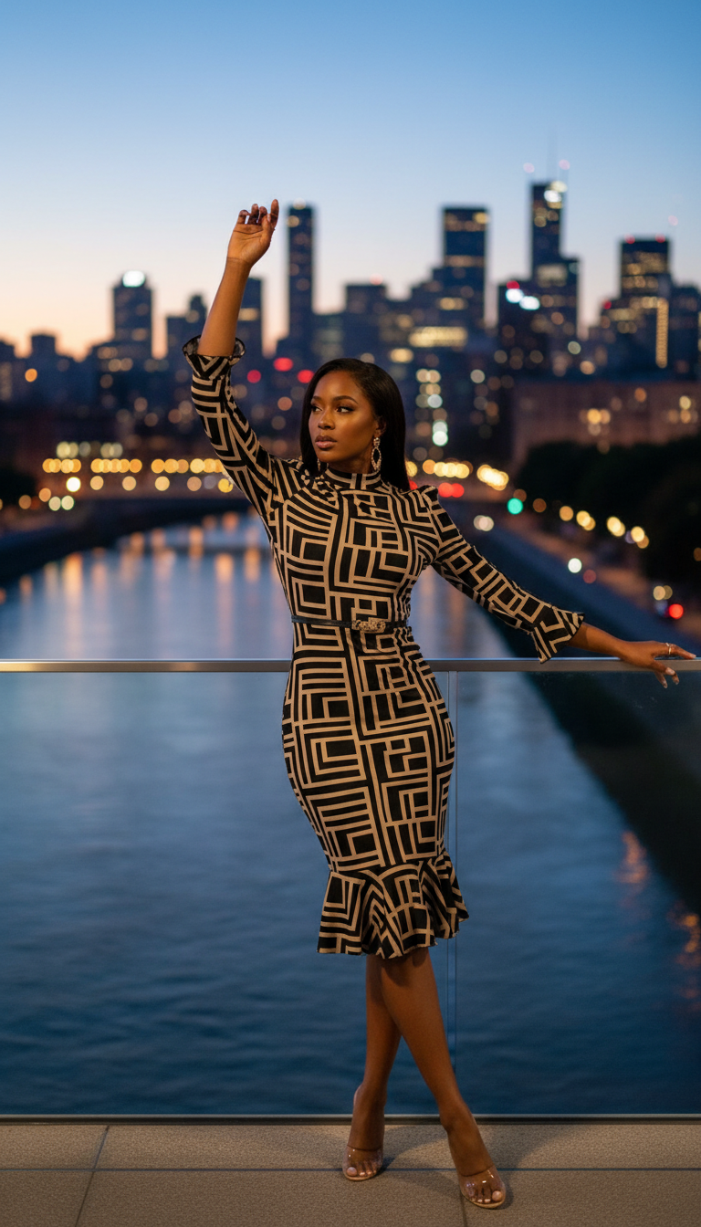 Golden Maze Elegance Midi Dress