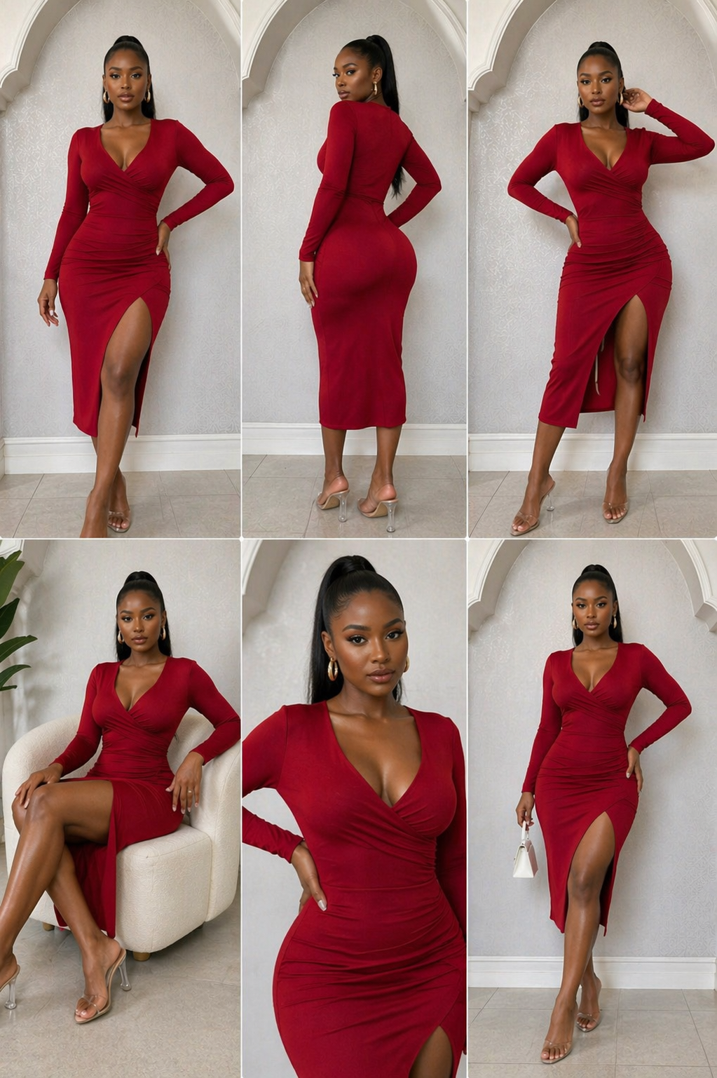 Crimson Elegance Wrap Midi Dress