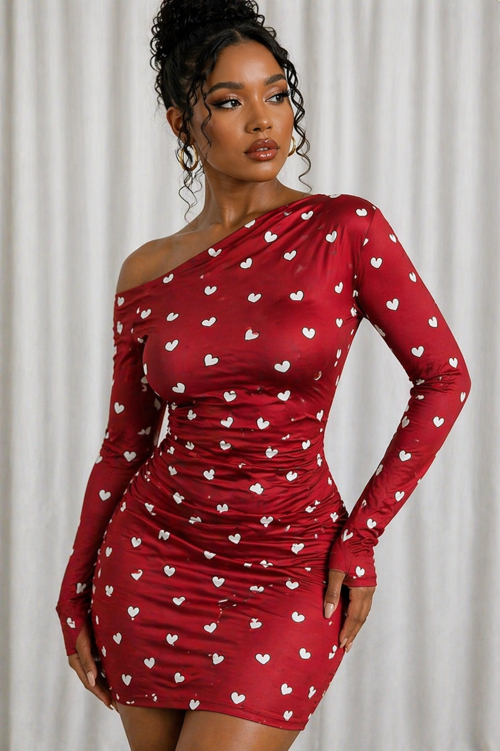 Valentina Heart Print One-Shoulder Bodycon Mini Dress