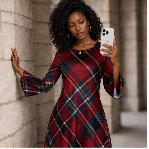 Elegant Red Plaid Flare Sleeve Dress