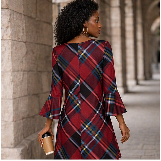Elegant Red Plaid Flare Sleeve Dress