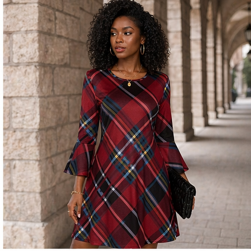 Elegant Red Plaid Flare Sleeve Dress