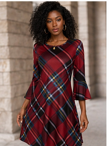 Elegant Red Plaid Flare Sleeve Dress