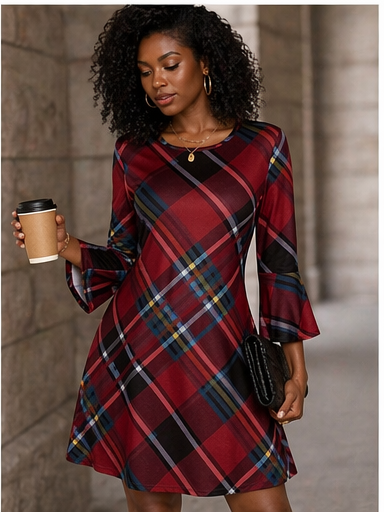 Elegant Red Plaid Flare Sleeve Dress
