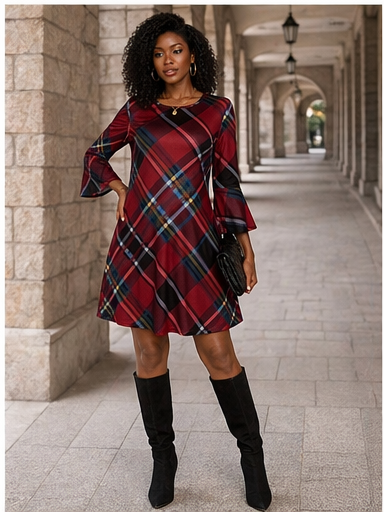 Elegant Red Plaid Flare Sleeve Dress