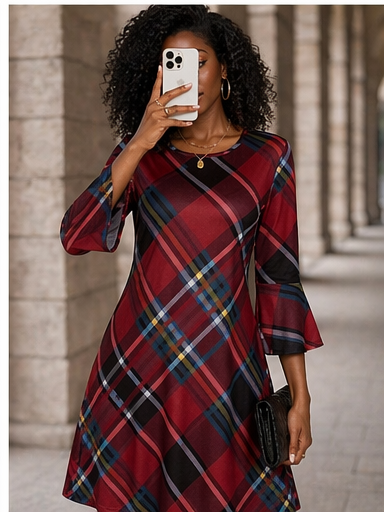 Elegant Red Plaid Flare Sleeve Dress