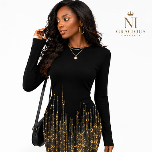 Midnight Luxe Gold Sparkle Bodycon Dress