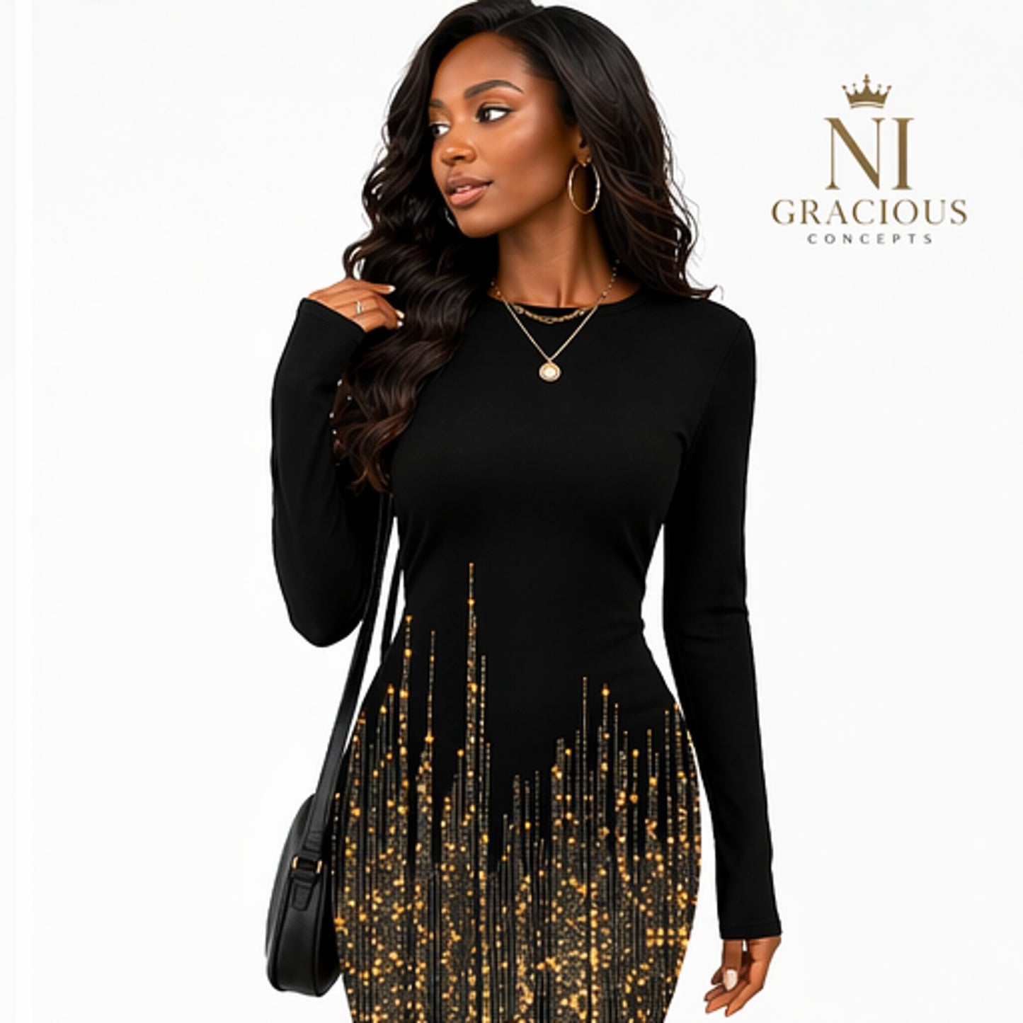 Midnight Luxe Gold Sparkle Bodycon Dress
