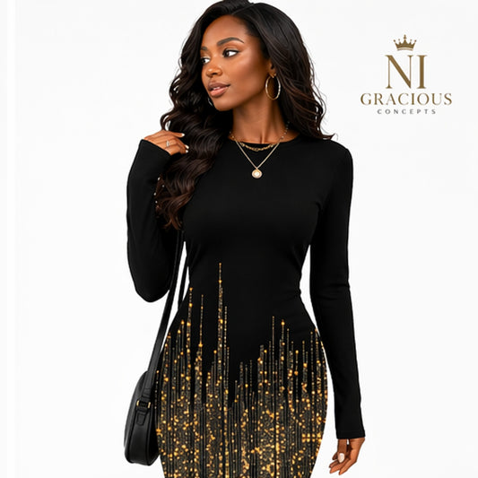 Midnight Luxe Gold Sparkle Bodycon Dress