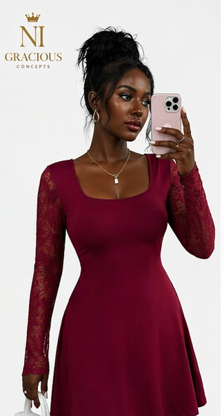 Elegant Burgundy Lace Sleeve Mini Dress