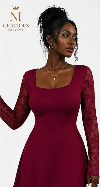 Elegant Burgundy Lace Sleeve Mini Dress