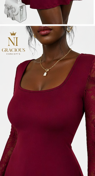 Elegant Burgundy Lace Sleeve Mini Dress