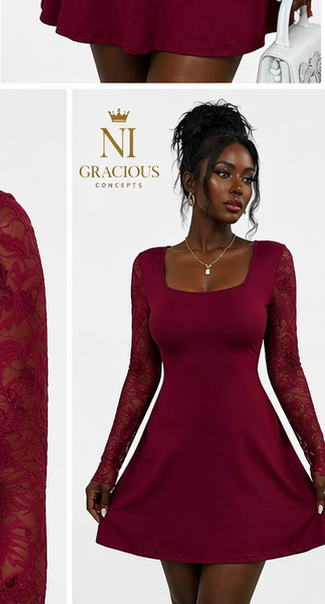 Elegant Burgundy Lace Sleeve Mini Dress