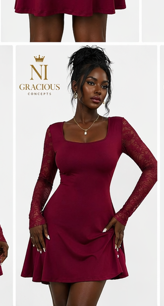 Elegant Burgundy Lace Sleeve Mini Dress