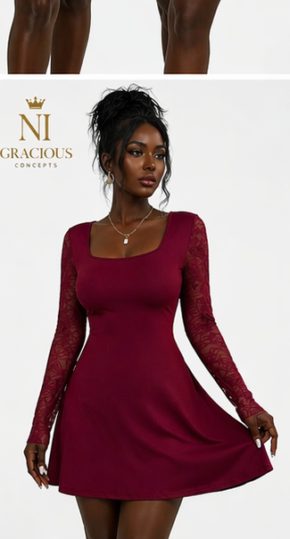 Elegant Burgundy Lace Sleeve Mini Dress