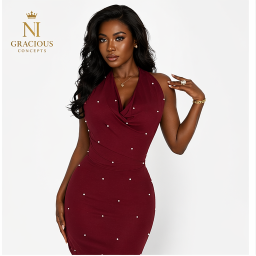 Luxury Burgundy Pearl Halter Mini Dress